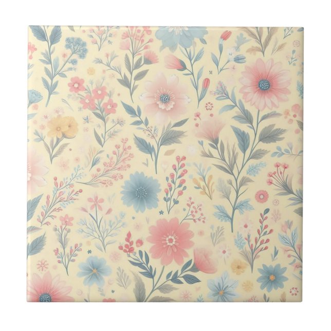 Pastel Floral Pink & Blue on Light Yellow Ceramic Tile (Front)