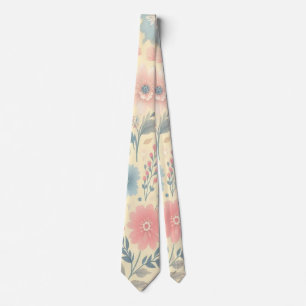 Pastel Floral Pink & Blue on Light Yellow Neck Tie