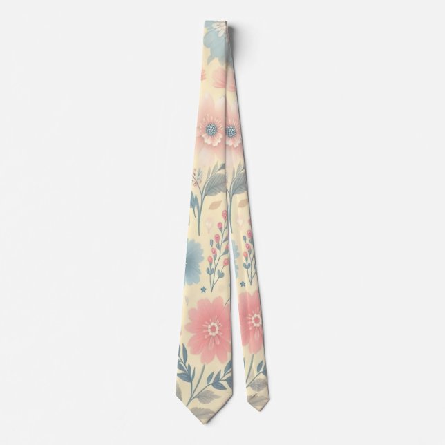 Pastel Floral Pink & Blue on Light Yellow Neck Tie (Front)