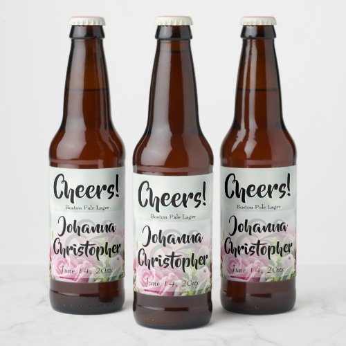 Pastel Floral Pink Roses Cheers Fun Wedding Beer Bottle Label