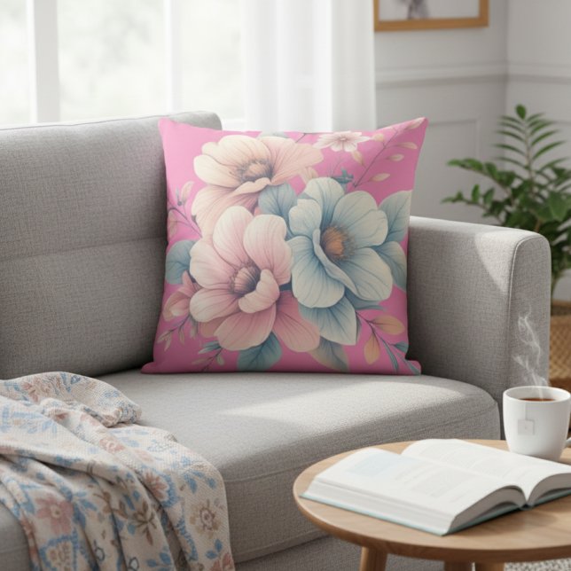 Pastel Floral - Pink Watercolor Flowers Throw Pillow (Creator Uploaded)
