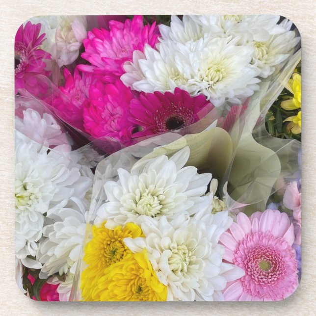 Pastel Floral Pink, Yellow & White Chrysanthemum Beverage Coaster (Front)