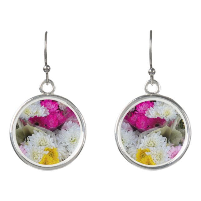Pastel Floral Pink, Yellow & White Chrysanthemum E Earrings (Front)