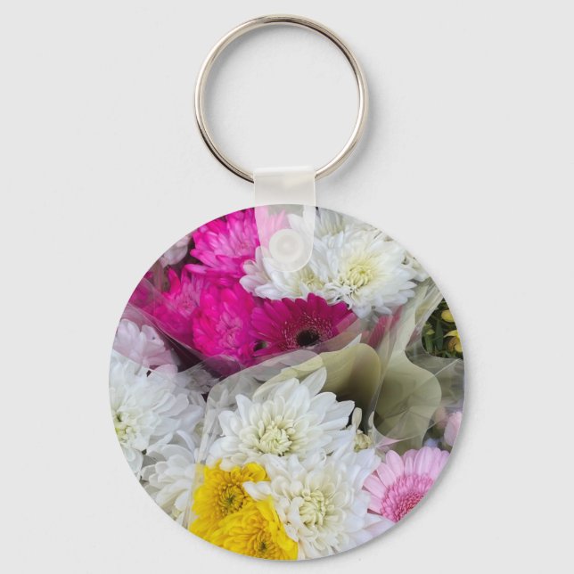 Pastel Floral Pink, Yellow & White Chrysanthemum Keychain (Front)