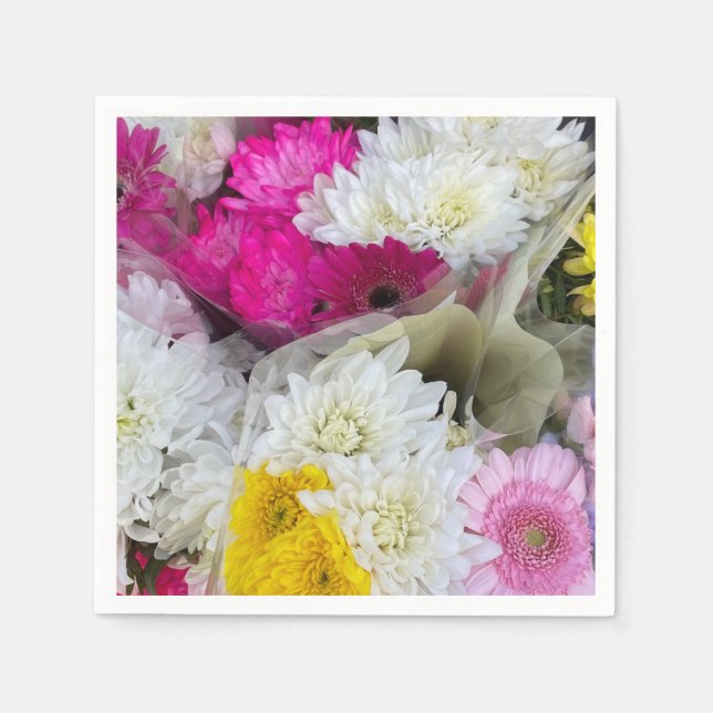 Pastel Floral Pink, Yellow & White Chrysanthemum Napkins (Front)