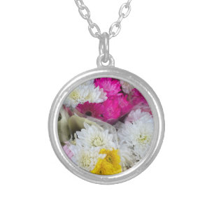 Pastel Floral Pink, Yellow & White Chrysanthemum Silver Plated Necklace