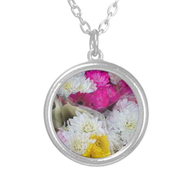 Pastel Floral Pink, Yellow & White Chrysanthemum Silver Plated Necklace (Front)