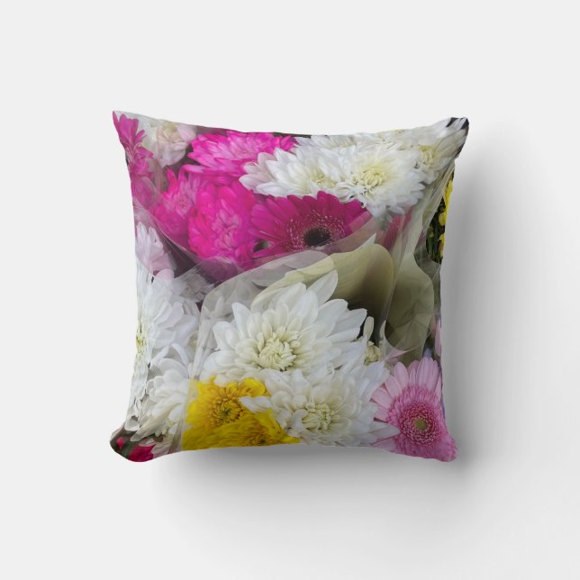 Pastel Floral Pink, Yellow & White Chrysanthemum  Throw Pillow (Front)