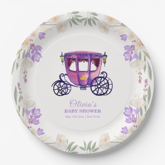 Pastel Floral Princess Carriage Girl Baby Shower  Paper Plates (Front)