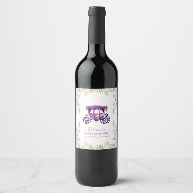 Pastel Floral Princess Carriage Girl Baby Shower  Wine Label (Front)