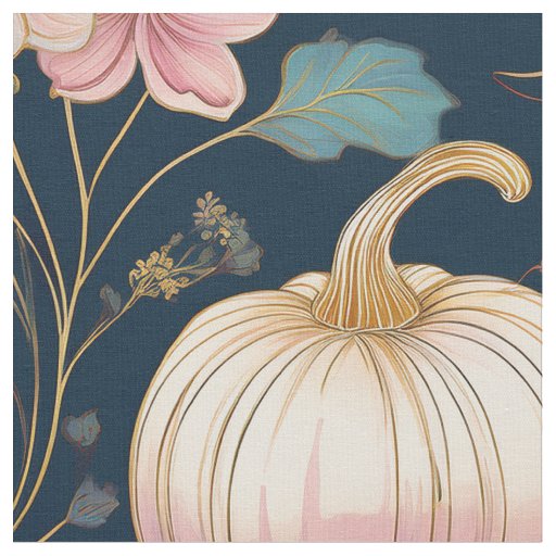Pastel Floral Pumpkin Patch on Dark Blue  Fabric