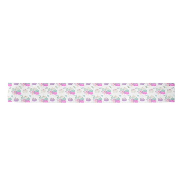 Pastel Floral Pumpkins in Pink, Purple and Blue Satin Ribbon (Front)