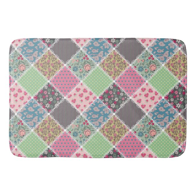 Pastel Floral Quilt Squares Bath Mat (Front)