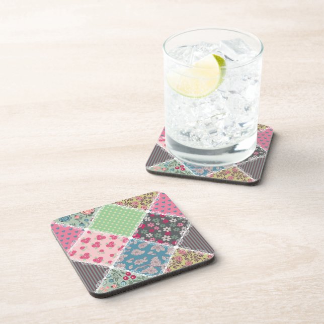 Pastel Floral Quilt Squares Beverage Coaster (Right Side)