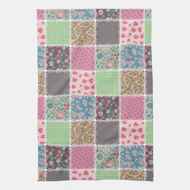 Pastel Floral Quilt Squares Kitchen Towel (Vertical)