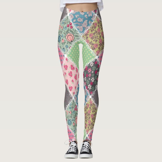 Pastel Floral Quilt Squares Leggings (Front)