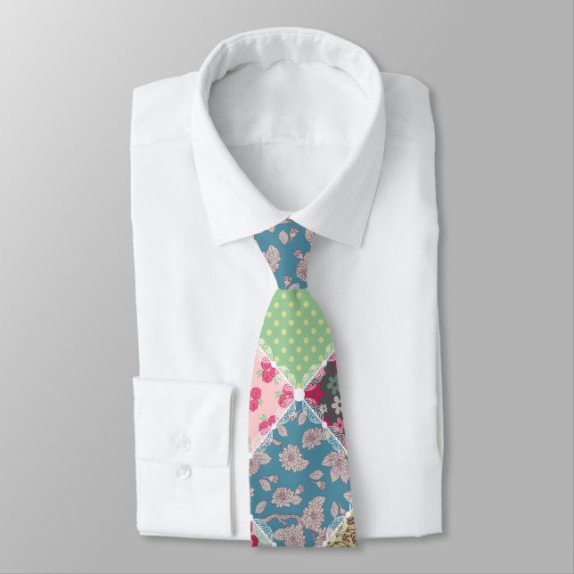 Pastel Floral Quilt Squares Neck Tie (Tied)