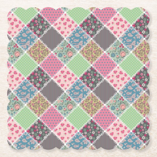 Pastel Floral Quilt Squares Paper Coaster (Front)