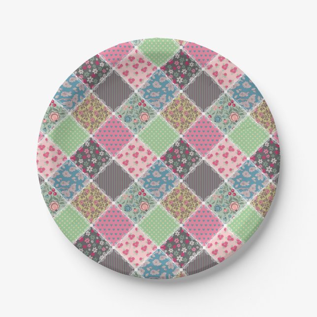 Pastel Floral Quilt Squares Paper Plates (Front)