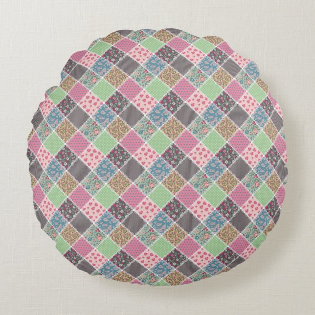 Pastel Floral Quilt Squares Round Pillow (Front)