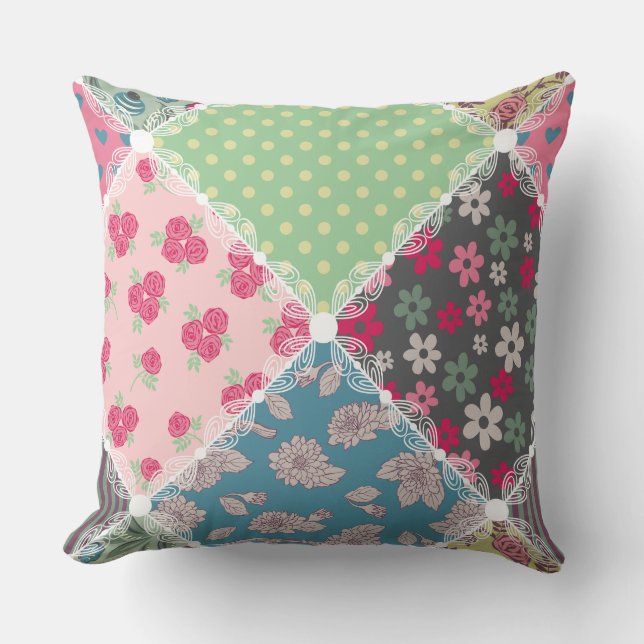 Pastel Floral Quilt Squares Throw Pillow (Front)