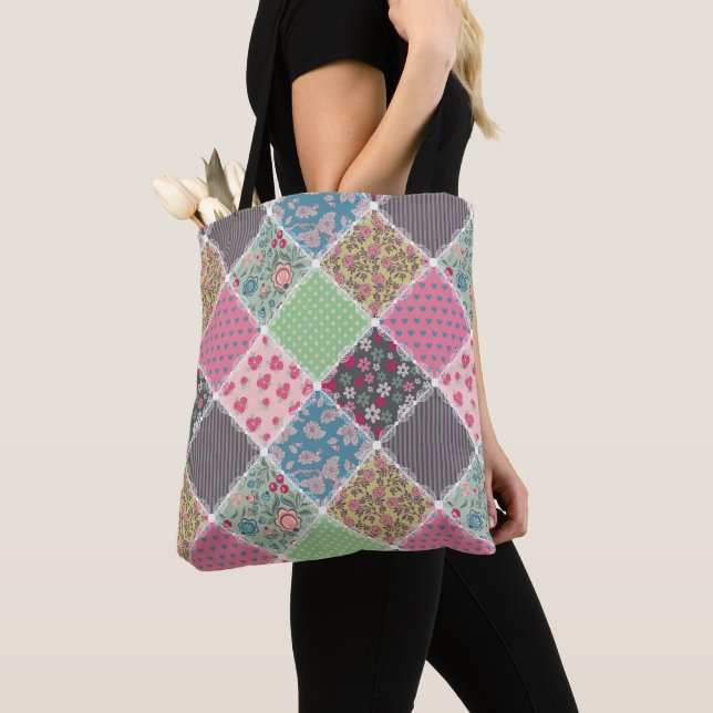 Pastel Floral Quilt Squares Tote Bag (Close Up)