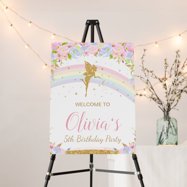 Pastel Floral Rainbow Fairy Birthday Party Welcome Foam Board (In Situ (Stand))