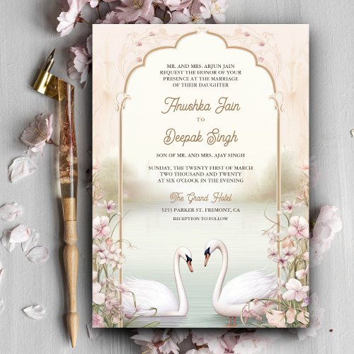 Pastel Floral Romantic Swans Indian Wedding Invitation