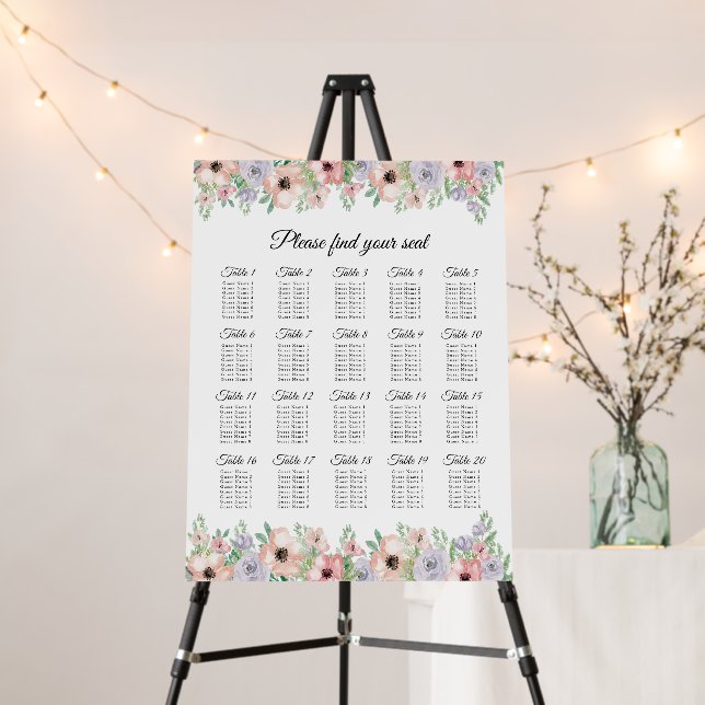 Pastel Floral Script 20 Table Seating Chart Foam Board (In Situ (Stand))