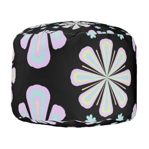 Pastel Floral Shapes on Black Background Pouf