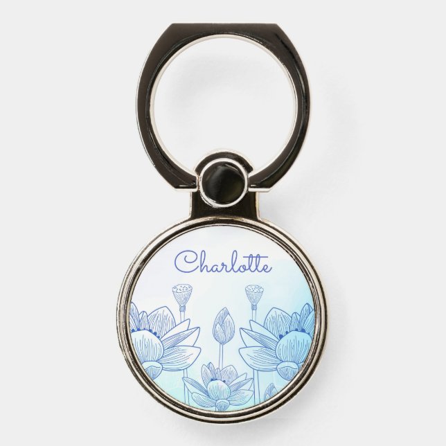 Pastel Floral Silhouette Overlay Personalized Name Phone Ring Stand (Front)