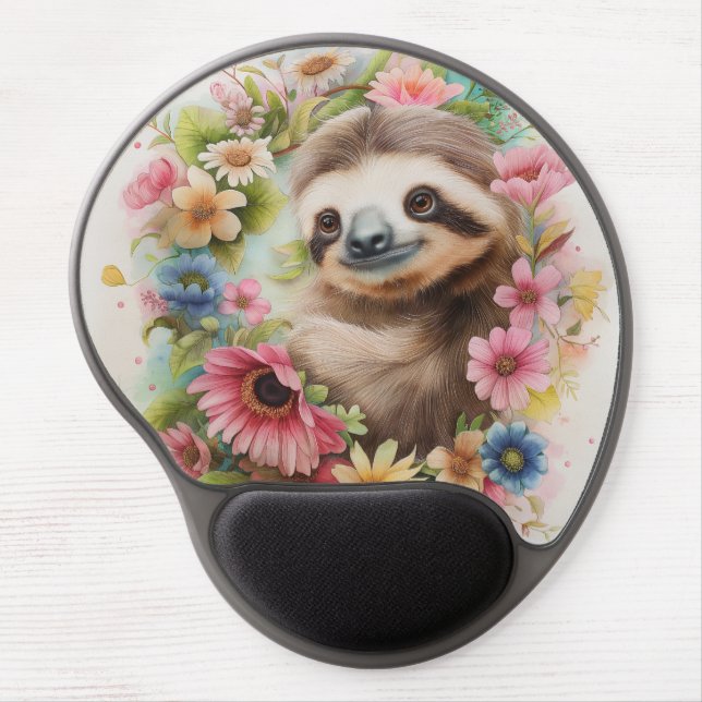 Pastel Floral Sloth Gel Mouse Pad (Front)