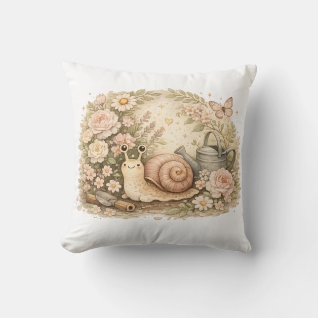 Pastel Floral Snail Aesthetic Garden Throw Pillow (Front)