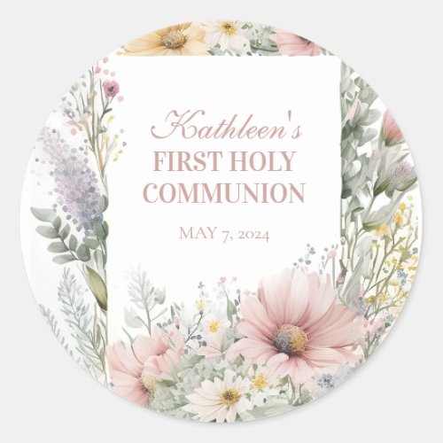Pastel Floral Spring First Communion  Classic Round Sticker