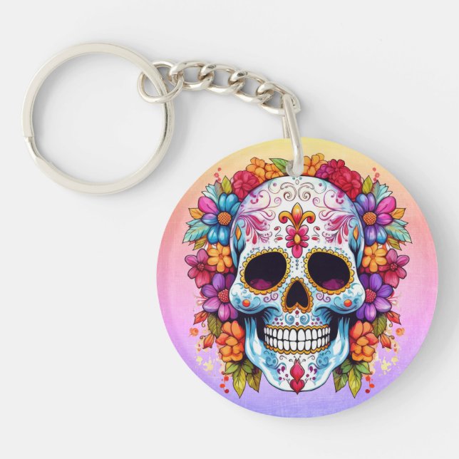 Pastel Floral Sugar Skull Keychain (Front)