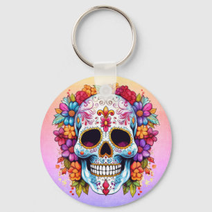 Pastel Floral Sugar Skull Keychain