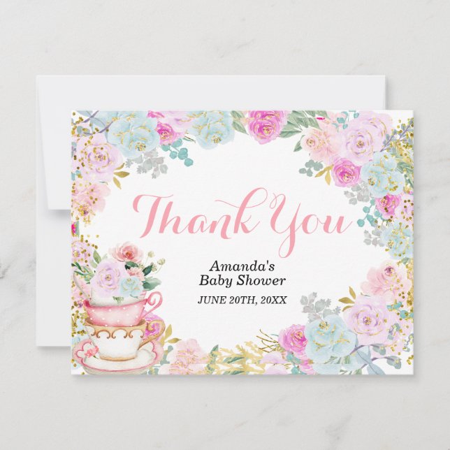 Pastel Floral Tea Party Gold Glitter Thank You Card (Front)