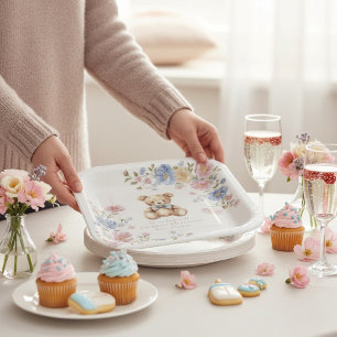 Pastel Floral Teddy Bear "We Can Bearly Wait" Show Paper Plates