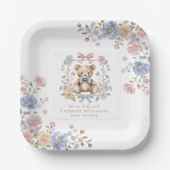 Pastel Floral Teddy Bear "We Can Bearly Wait" Show Paper Plates (Front)