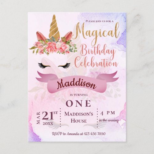 Pastel Floral Unicorn Birthday Party Invitation 
