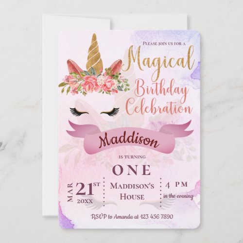 Pastel Floral Unicorn Birthday Party Invitation 