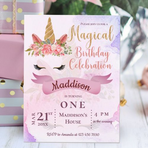 Pastel Floral Unicorn Birthday Party Invitation  Postcard