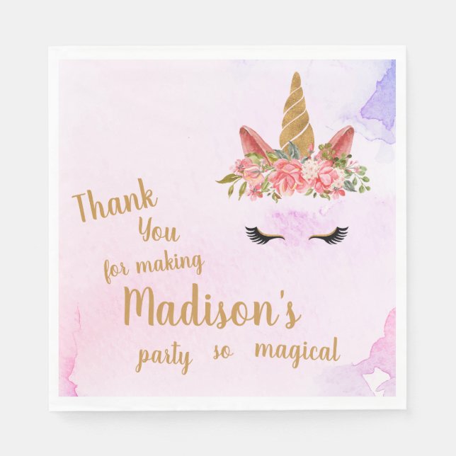 Pastel Floral Unicorn Birthday Party Napkins (Front)
