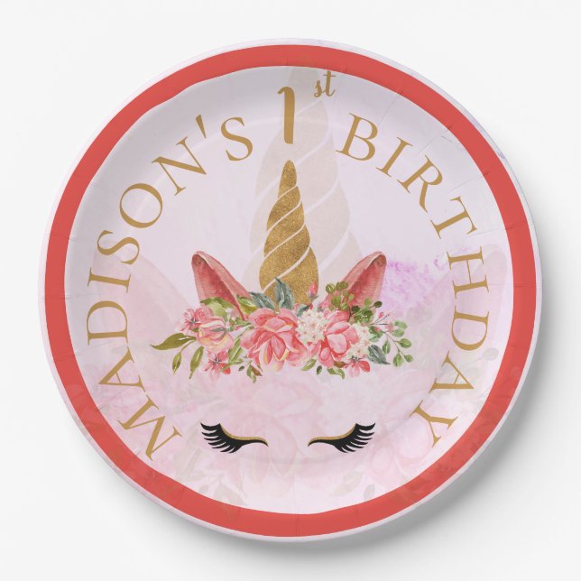 Pastel Floral Unicorn Birthday Party Paper Plates (Front)
