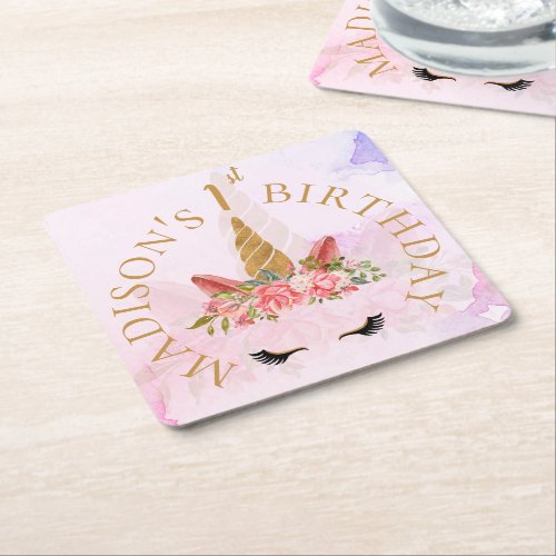 Pastel Floral Unicorn Birthday Party Square Paper Coaster