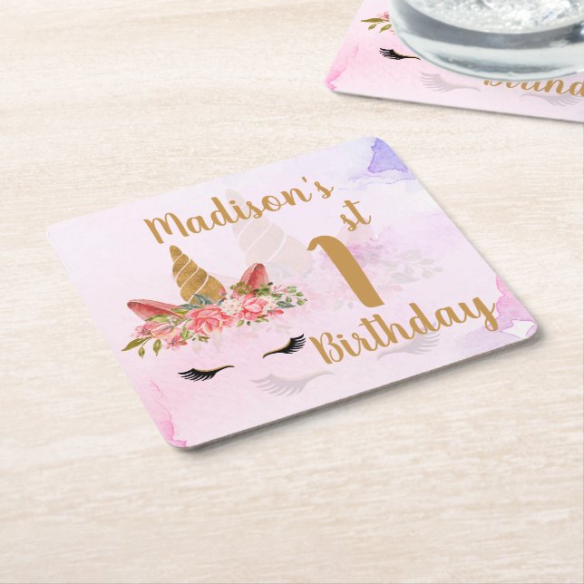 Pastel Floral Unicorn Birthday Party Square Paper Coaster (Angled)