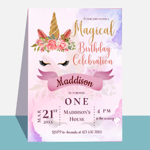 Pastel Floral Unicorn Kids First Birthday Party Invitation Postcard