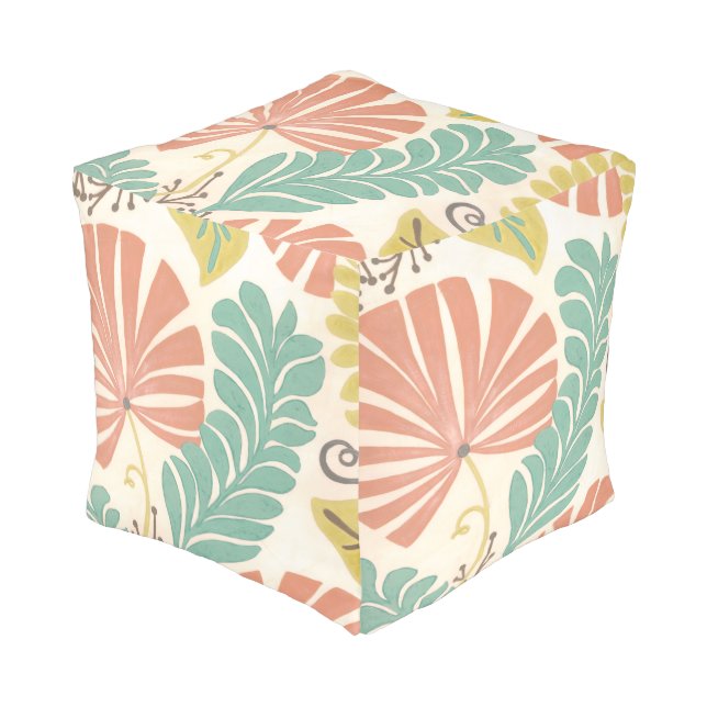 Pastel Floral Vines and Leaves on Cream Background Pouf (Angled Front)