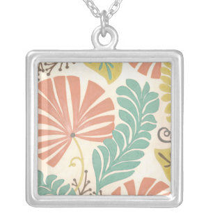 Pastel Floral Vines and Leaves on Cream Background Silver Plated Necklace
