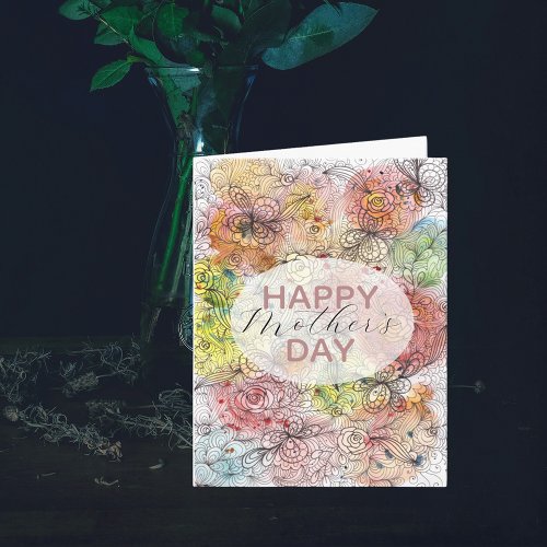 Pastel Floral Watercolor and Ink Art Mothers Day Card